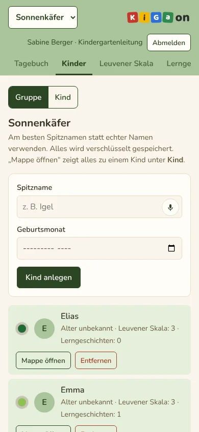 Kinderübersicht am Handy (Beispieldaten)